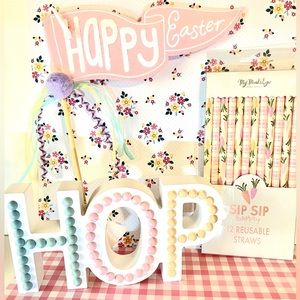 Set of 3 Happy Easter Decor Bundle HOP Wood Shelf Sign Felt Banner Wand Straws